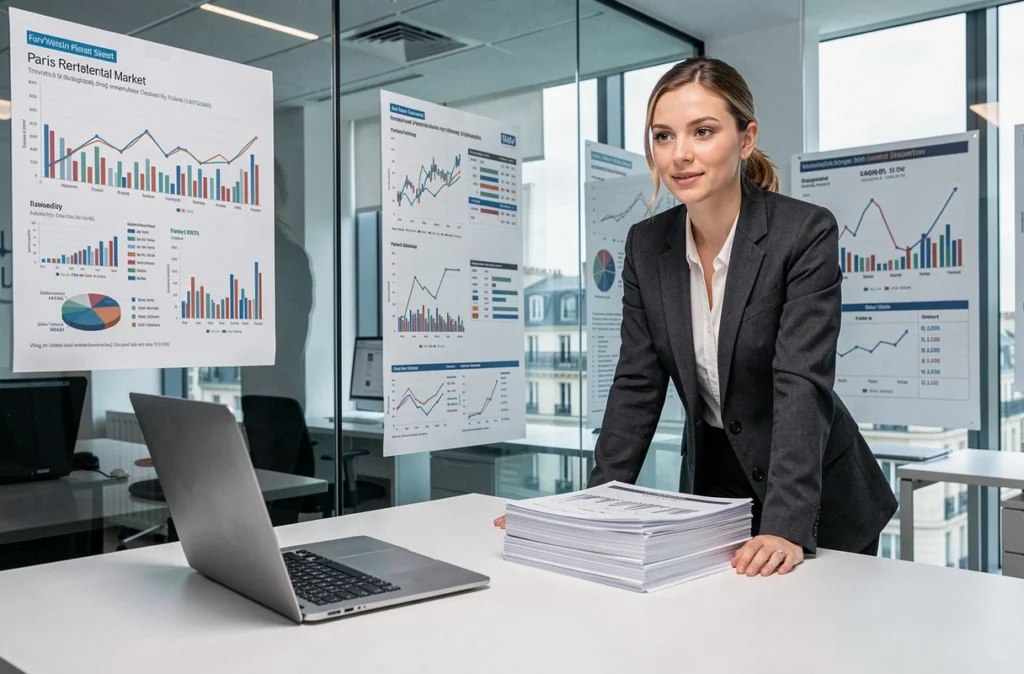 Conseillère Factae analysant des données de marché locatif parisien devant un mur de graphiques financiers dans un bureau moderne et analytique
