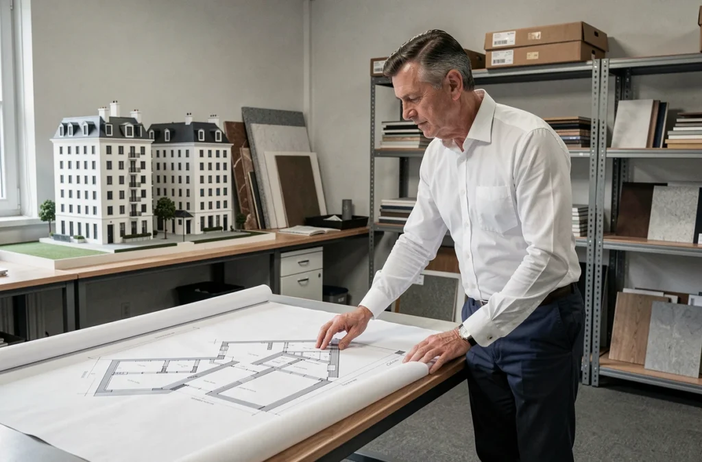 Conseiller Febat examinant des plans de rénovation architecturale pour un investissement locatif à Paris dans un bureau technique professionnel