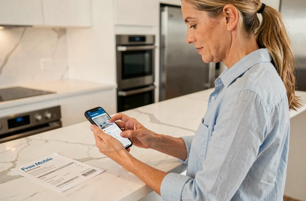 Femme consultant son application bancaire pour régler sa facture Free Mobile en situation de découvert