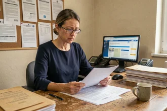 Femme de 42 ans consultant des documents administratifs sur le RSA dans un bureau de services sociaux