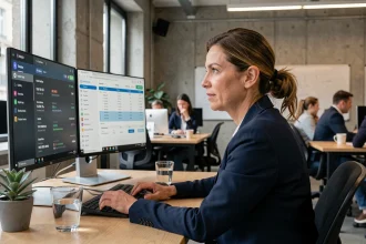 Une femme cadre française consulte un tableau de bord de cryptomonnaies sur son écran en open space, illustrant la rémunération en cryptos en entreprise