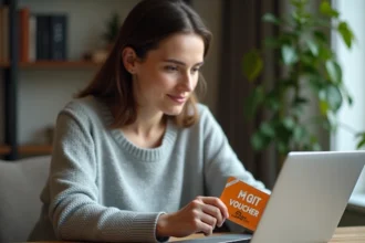 Femme tenant un chèque Cadhoc devant un ordinateur portable pour effectuer un achat en ligne sur Amazon