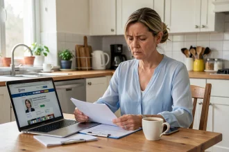 Femme consultant des documents administratifs CESU URSSAF pour un litige avec un salarié à domicile