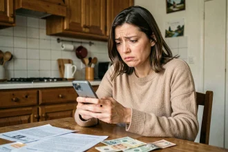 Femme inquiète consultant son téléphone pour vérifier un virement CAF non reçu sur son compte bancaire