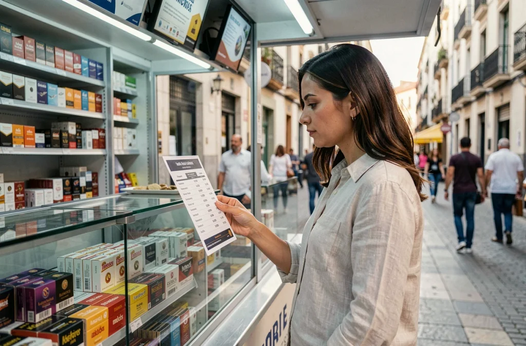 Femme consultant un tableau comparatif des prix du tabac dans un kiosque espagnol en ville