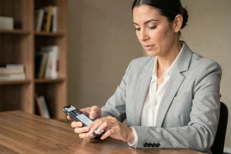 Femme effectuant un paiement en ligne avec un stablecoin sur smartphone dans un bureau minimaliste