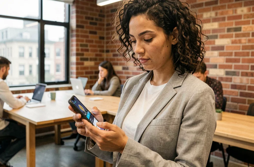 Femme consultant son portefeuille numérique de cryptomonnaies sur smartphone dans un espace de coworking