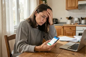 Femme stressée regardant sa facture Free Mobile sur smartphone avec un compte bancaire à découvert