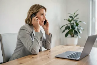 Femme parlant au téléphone avec le service client de La Banque Postale depuis son bureau à domicile