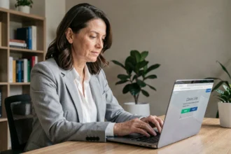 Femme utilisant l'application bancaire LCL sur ordinateur portable pour effectuer un virement instantané depuis son bureau à domicile