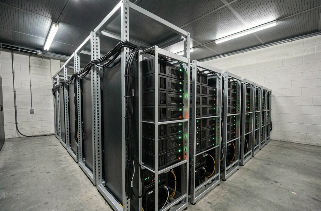 Rangée de machines de minage ASIC Bitcoin dans une petite ferme de minage française avec racks serveurs et câblage organisé
