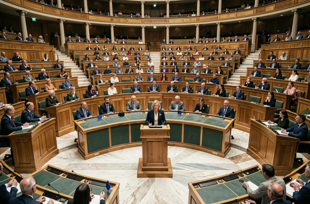 Session de forum public dans un auditorium institutionnel européen débattant de la régulation des plateformes numériques