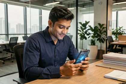 Homme d'affaires consultant une application blockchain sur smartphone pour un transfert d'argent international dans un bureau moderne