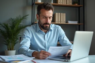 Un homme d'affaires analysant le site web d'une compagnie d'assurance turque sur son ordinateur portable, évaluant la fiabilité d'Avivasigorta