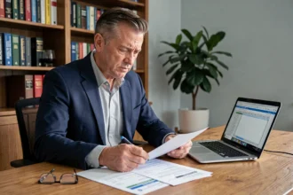 Homme d'affaires examinant des documents d'assurance vie Banque Postale avec une expression préoccupée dans un bureau à domicile
