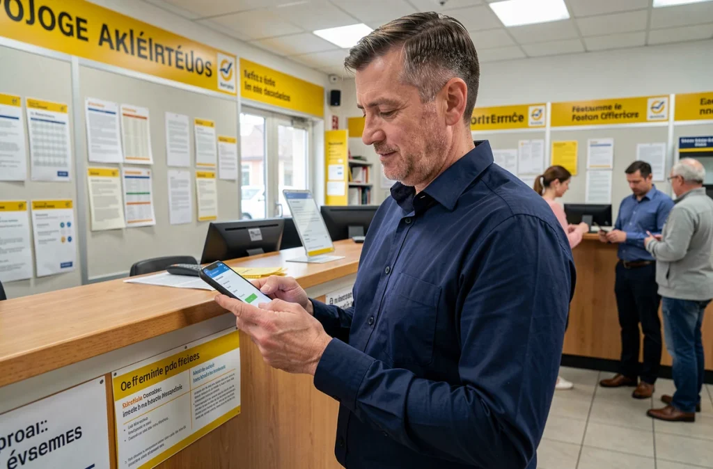 Homme consultant l'application La Banque Postale sur son téléphone à l'intérieur d'un bureau de poste