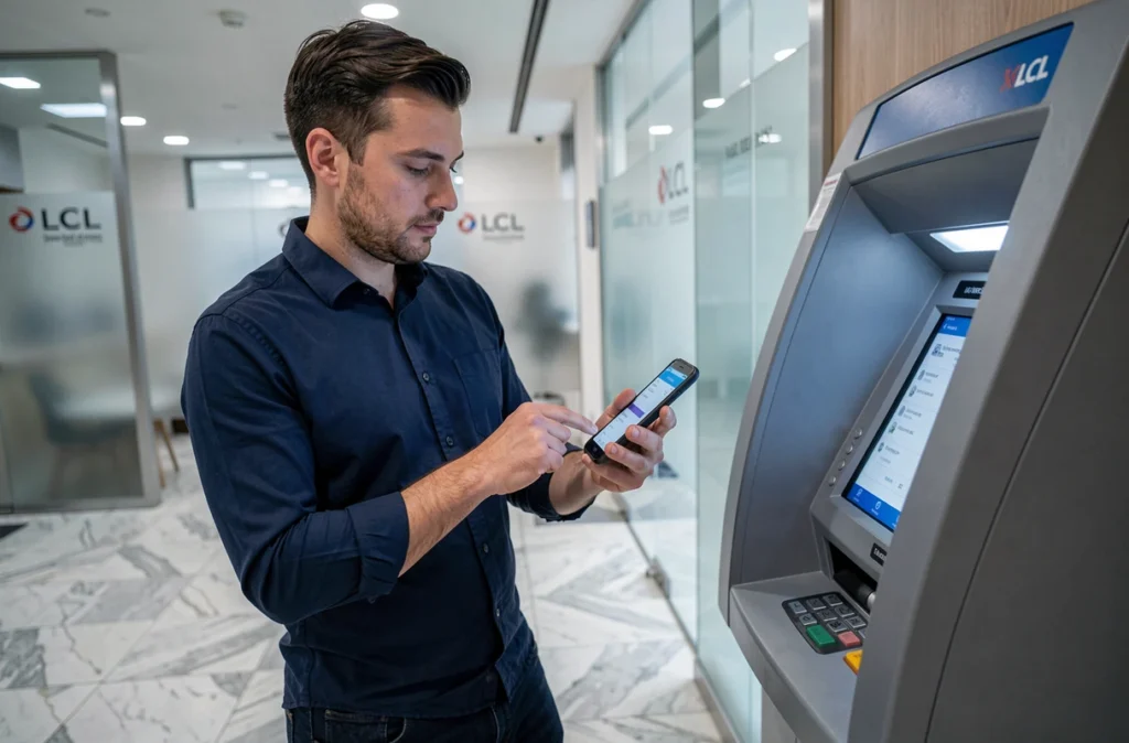 Homme consultant l'application mobile LCL dans une agence bancaire pour vérifier les limites de virement instantané