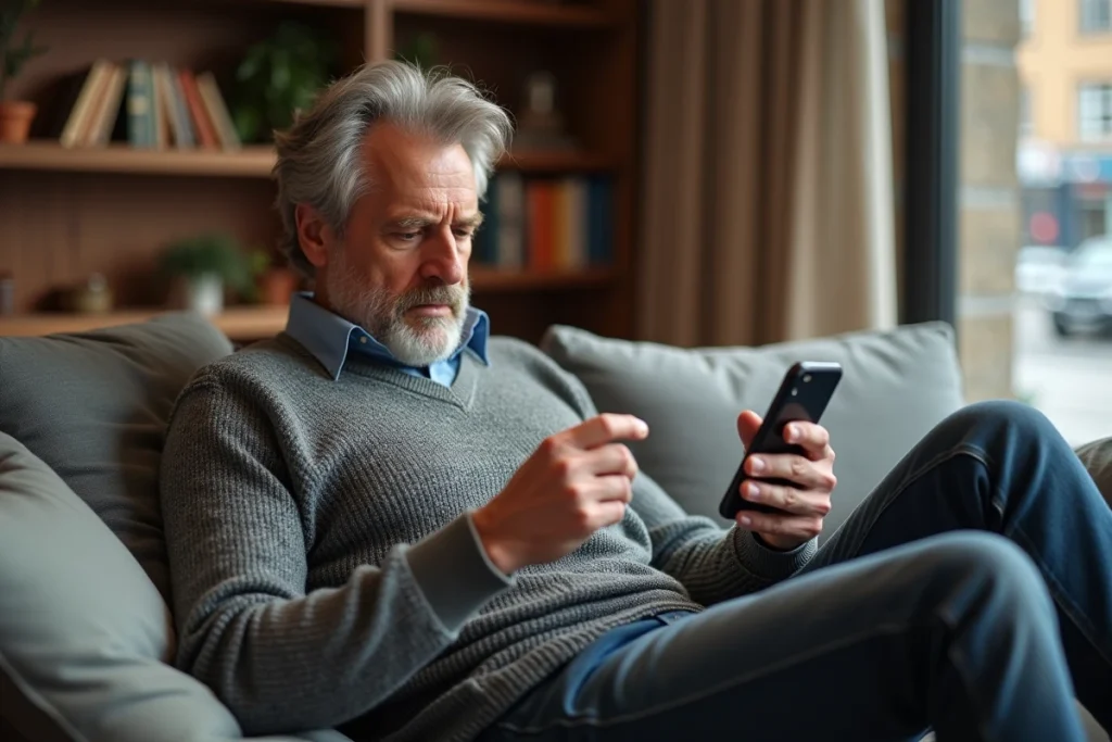 Un homme consultant des avis clients en ligne sur son smartphone pour évaluer la fiabilité d'une assurance turque en 2026
