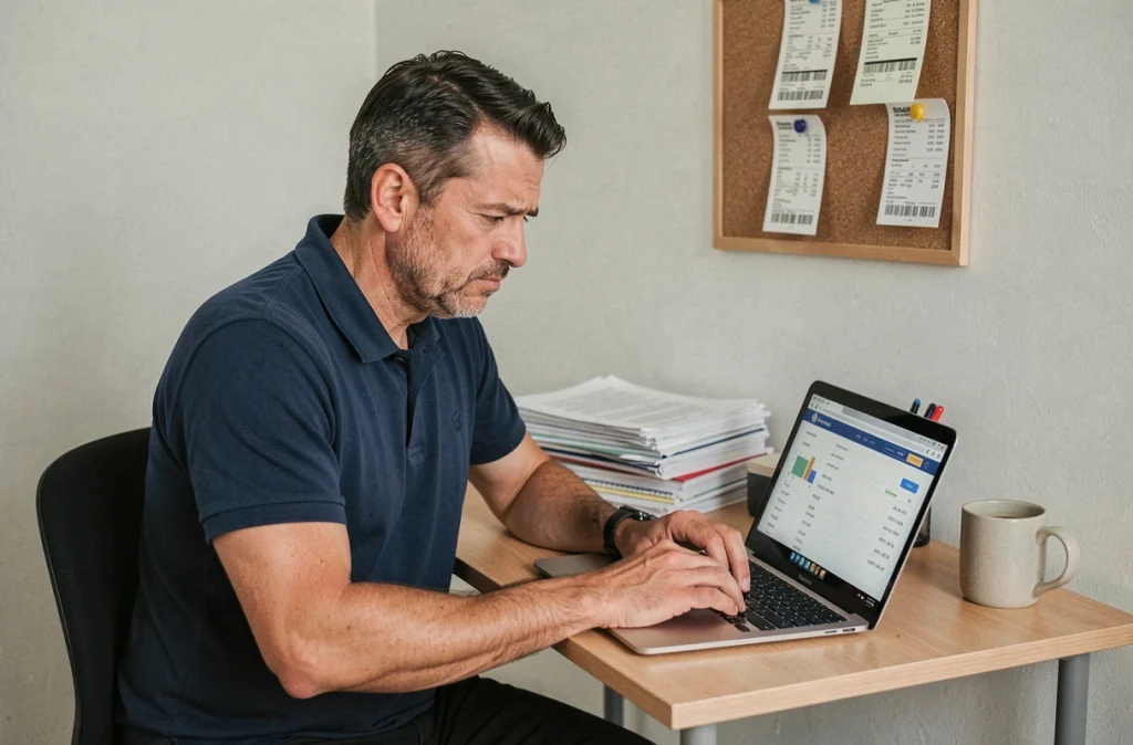 Homme consultant son compte bancaire en ligne sur un ordinateur portable après un virement CAF manquant