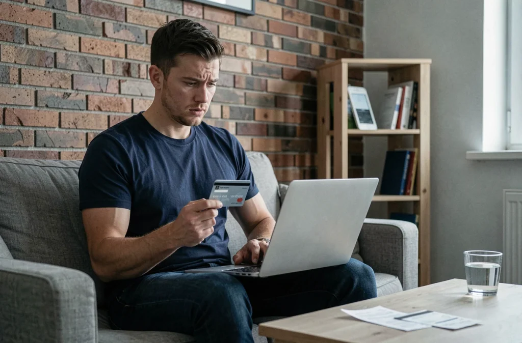 Homme vérifiant les options de paiement de sa facture Free Mobile sur ordinateur portable avec une carte bancaire
