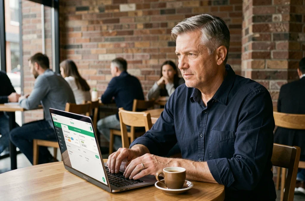 Homme consultant un portefeuille de stablecoins sur ordinateur portable dans un café urbain moderne