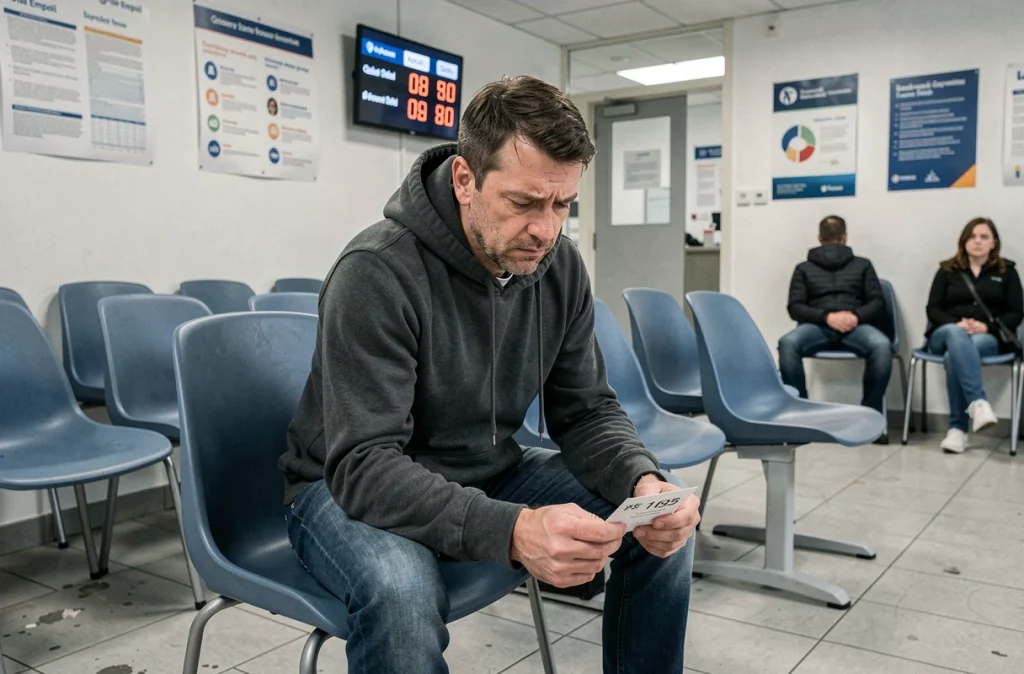 Homme en salle d'attente d'une agence pour l'emploi tenant un ticket numéroté, illustrant la situation du chômage et du RSA