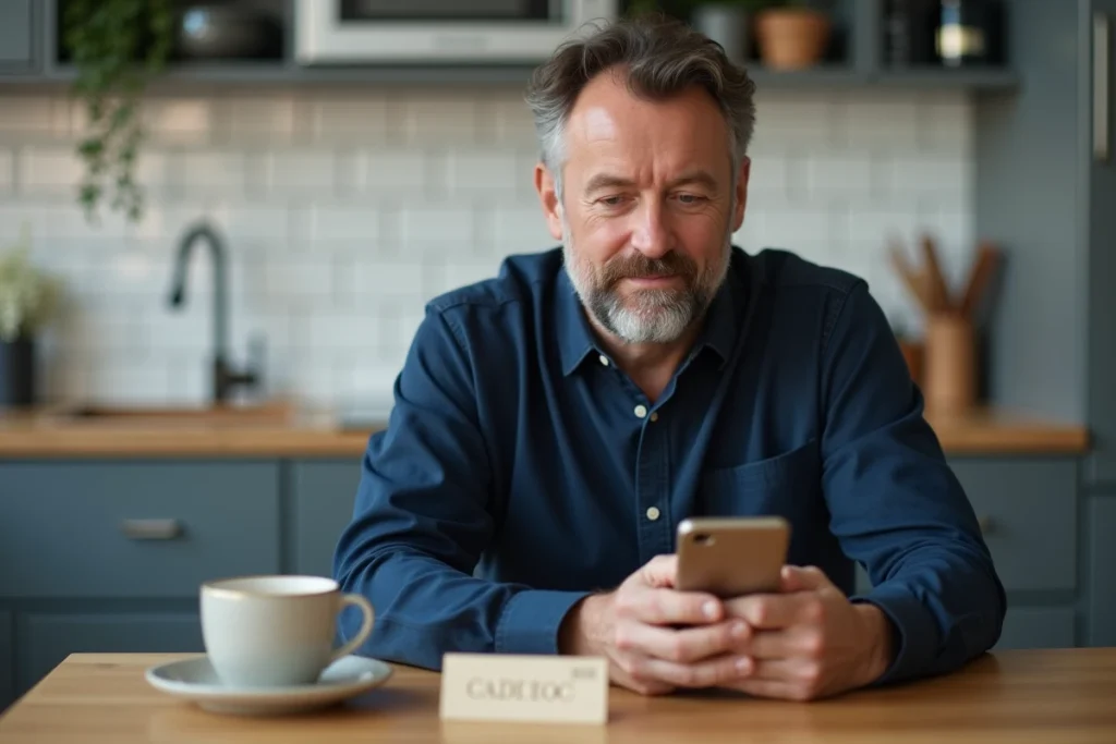 Homme utilisant son smartphone à côté d'un chèque Cadhoc posé sur une table de cuisine pour convertir ses avantages salariaux