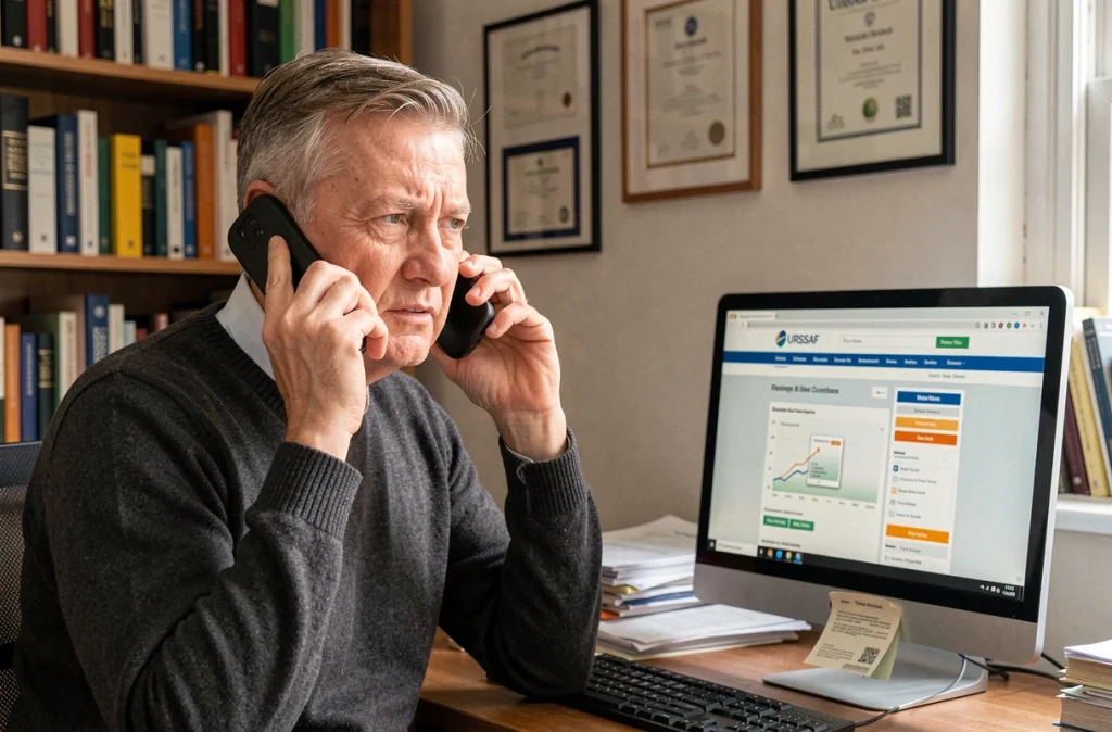 Homme en télétravail contactant le CESU URSSAF par téléphone pour résoudre un litige avec son employé à domicile