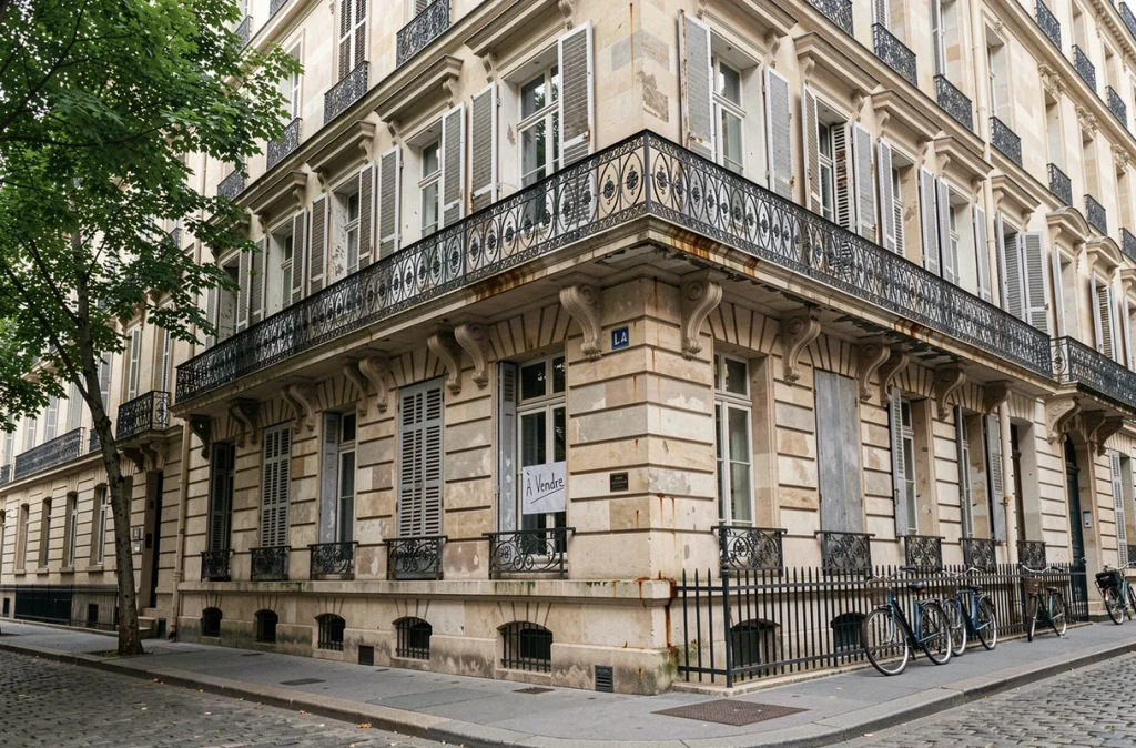 Façade d'un immeuble haussmannien ancien à vendre, illustrant le marché immobilier de l'ancien et les frais de notaire associés