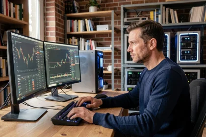 Un investisseur français analysant des données de minage de Bitcoin sur plusieurs écrans dans un bureau à domicile moderne