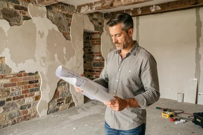 Investisseur immobilier examinant des plans de rénovation dans un appartement ancien aux murs en pierre apparente