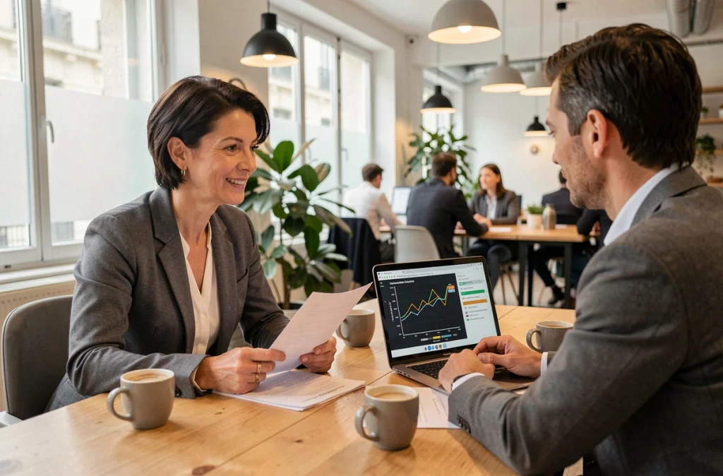 Une investisseuse française discutant de stratégies de minage de Bitcoin avec un conseiller financier dans un espace de coworking parisien
