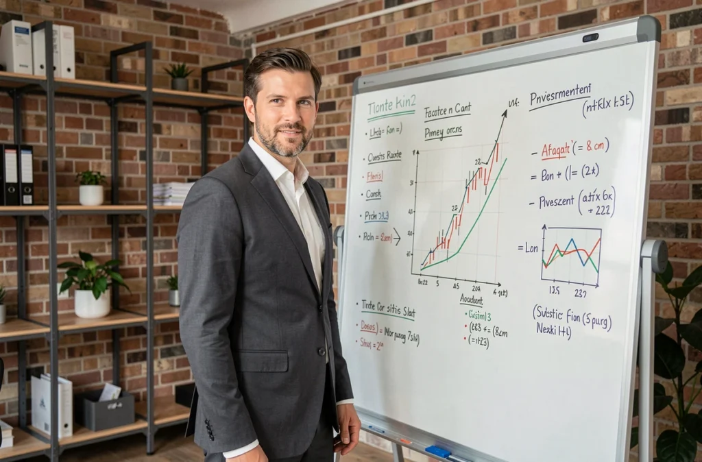 Conseiller en investissements d'Invictus Patrimoine présentant une stratégie financière sur tableau blanc dans un bureau parisien au style industriel