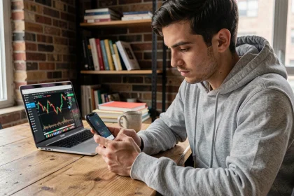 Jeune homme consultant une application de cryptomonnaie sur son smartphone dans un appartement urbain moderne