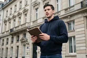 Jeune homme politique devant un bâtiment institutionnel parisien tenant un carnet, illustrant le discours politique de Louis Boyard