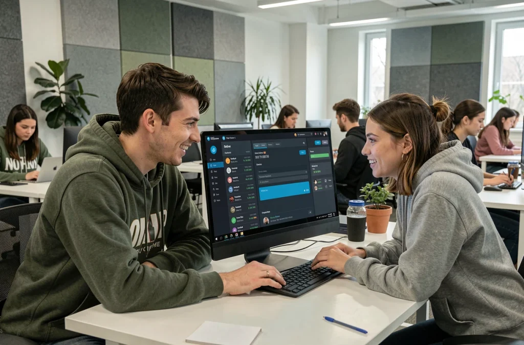 Deux jeunes adultes discutant d'une plateforme d'échange de cryptomonnaies dans un espace de coworking