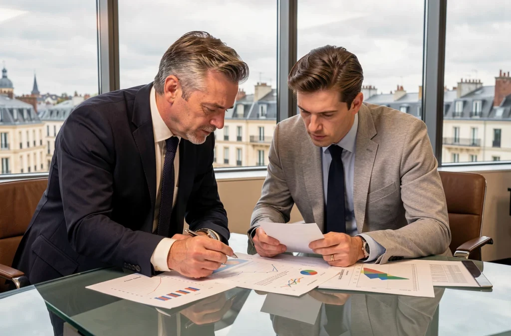 Deux conseillers de K&P Finance analysant des documents d'investissement et de défiscalisation en réunion