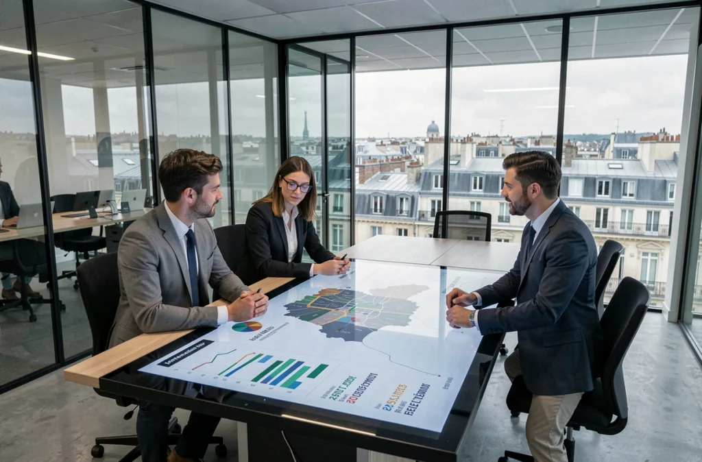 Équipe de conseillers Laplace analysant des données de rendement locatif sur un écran tactile dans un bureau ouvert avec panorama sur Paris