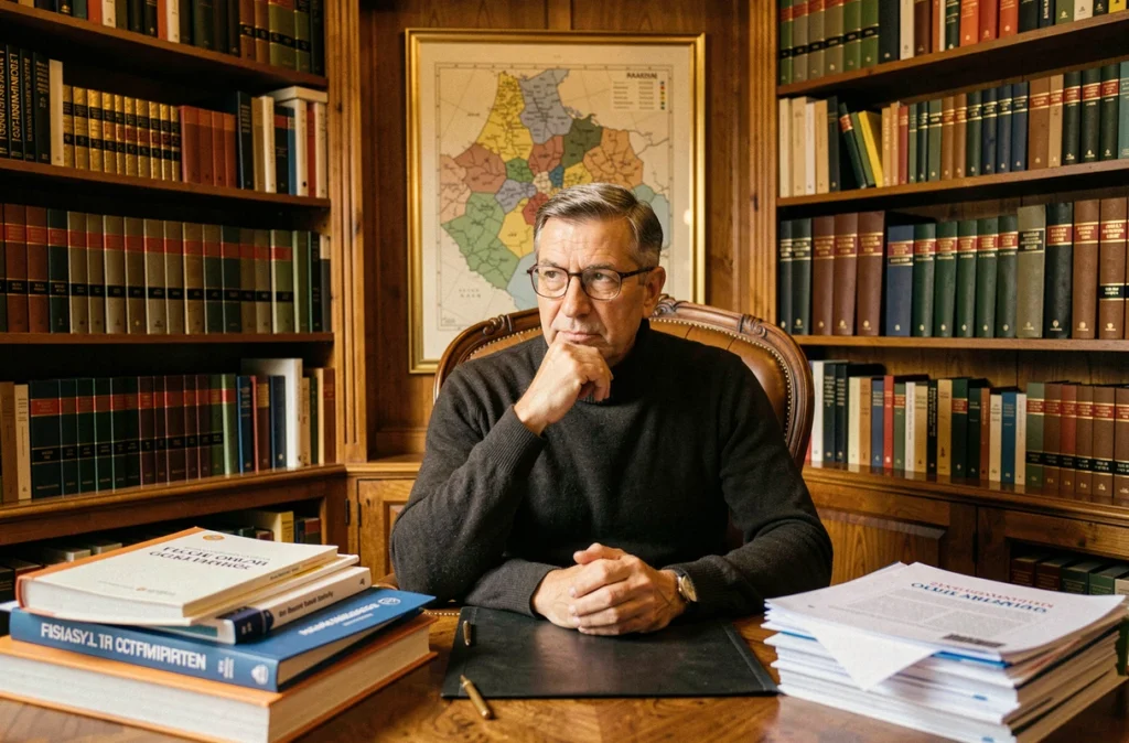 Conseiller du Coin Patrimoine entouré de documents de planification patrimoniale dans un bureau bibliothèque parisien évoquant l'expertise en gestion de patrimoine