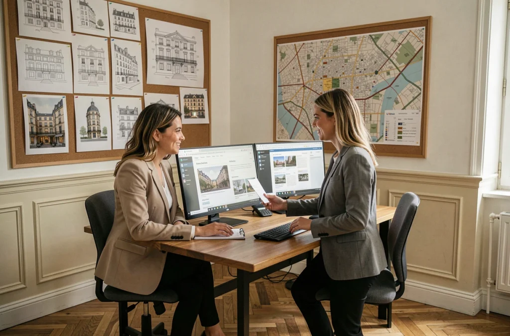 Deux conseillères des Hermines étudiant des annonces d'appartements parisiens haut de gamme pour un investissement locatif dans une agence au décor raffiné