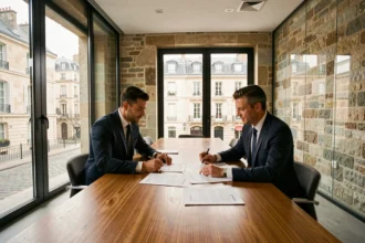 Vue d'ensemble d'un cabinet de défiscalisation dans les Pays de la Loire avec des conseillers en patrimoine examinant des documents financiers