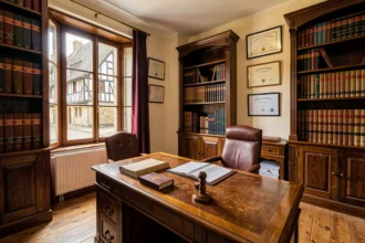 Intérieur d'un office notarial normand avec des étagères en bois sombre remplies de livres juridiques, un bureau en acajou et une fenêtre donnant sur une rue pavée