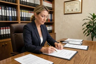 Notaire professionnelle examinant des documents de vente immobilière dans son bureau officiel, illustrant l'évolution des frais de notaire