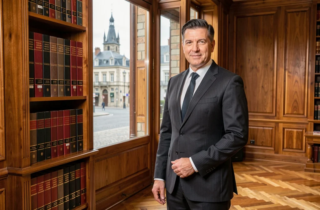 Notaire masculin distingué en costume à fines rayures debout près d'étagères juridiques dans un office notarial à Caen avec vue sur la ville historique