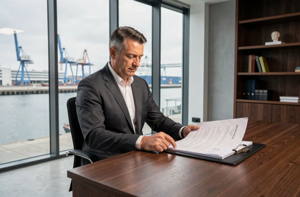Notaire masculin en costume charbon assis à son bureau dans un office notarial moderne au Havre avec vue sur le port