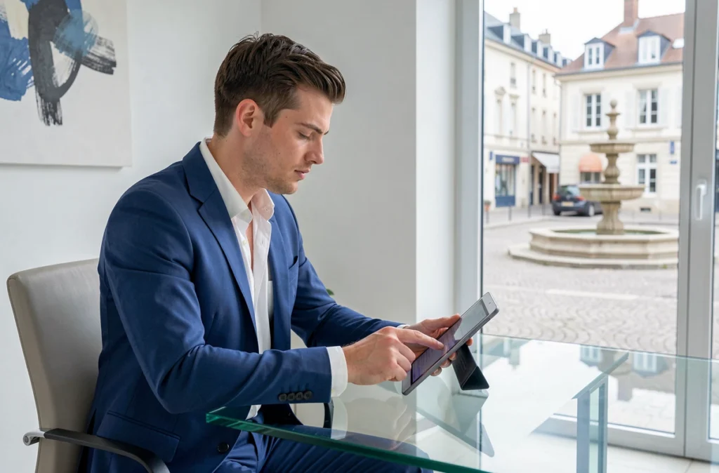 Jeune notaire masculin en costume bleu assis à un bureau moderne en verre consultant une tablette dans un office notarial contemporain avec vue sur une place normande