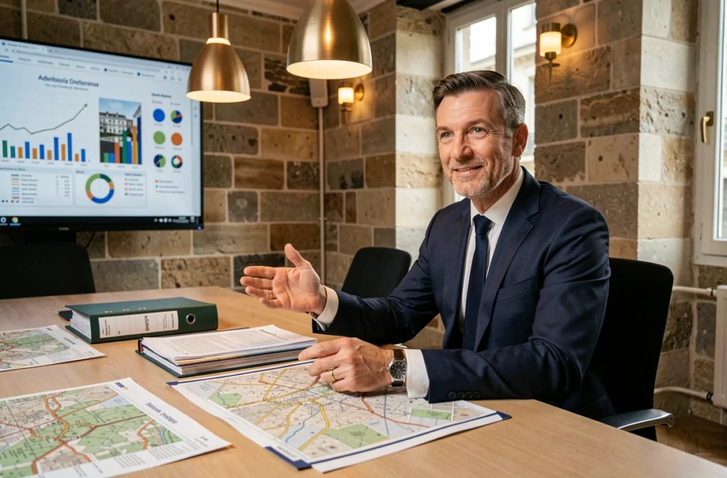 Conseiller du groupe Olifan présentant une stratégie d'investissement immobilier locatif à Paris dans un bureau professionnel élégant