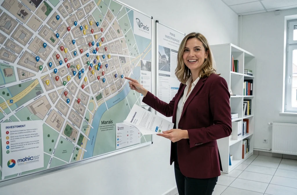 Agente d'Orpi Invest Immo Prise Paris présentant des opportunités d'investissement locatif sur une carte de quartier dans une agence parisienne