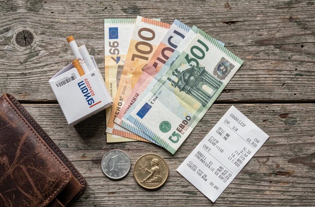 Vue de dessus d'un paquet de cigarettes, billets en euros et pièces en francs suisses sur une surface en bois, illustrant le coût du tabac en Suisse