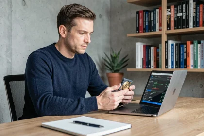 Homme tenant un portefeuille matériel de cryptomonnaie devant un ordinateur portable dans un bureau moderne